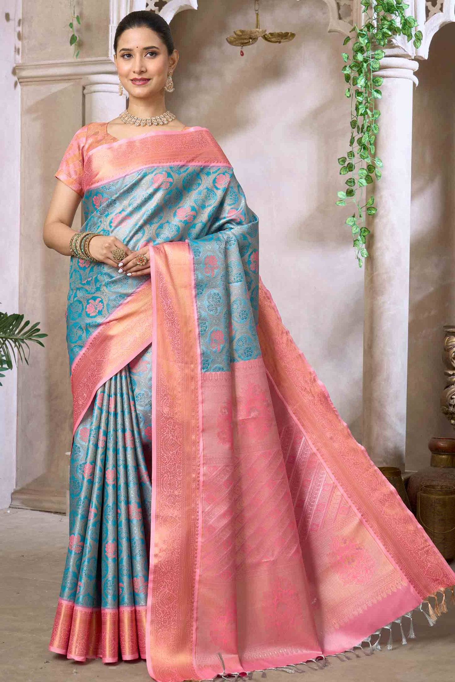 Sky Blue Semi Silk Tissue Floral Vines Contrast Zari Border Pallu Saree