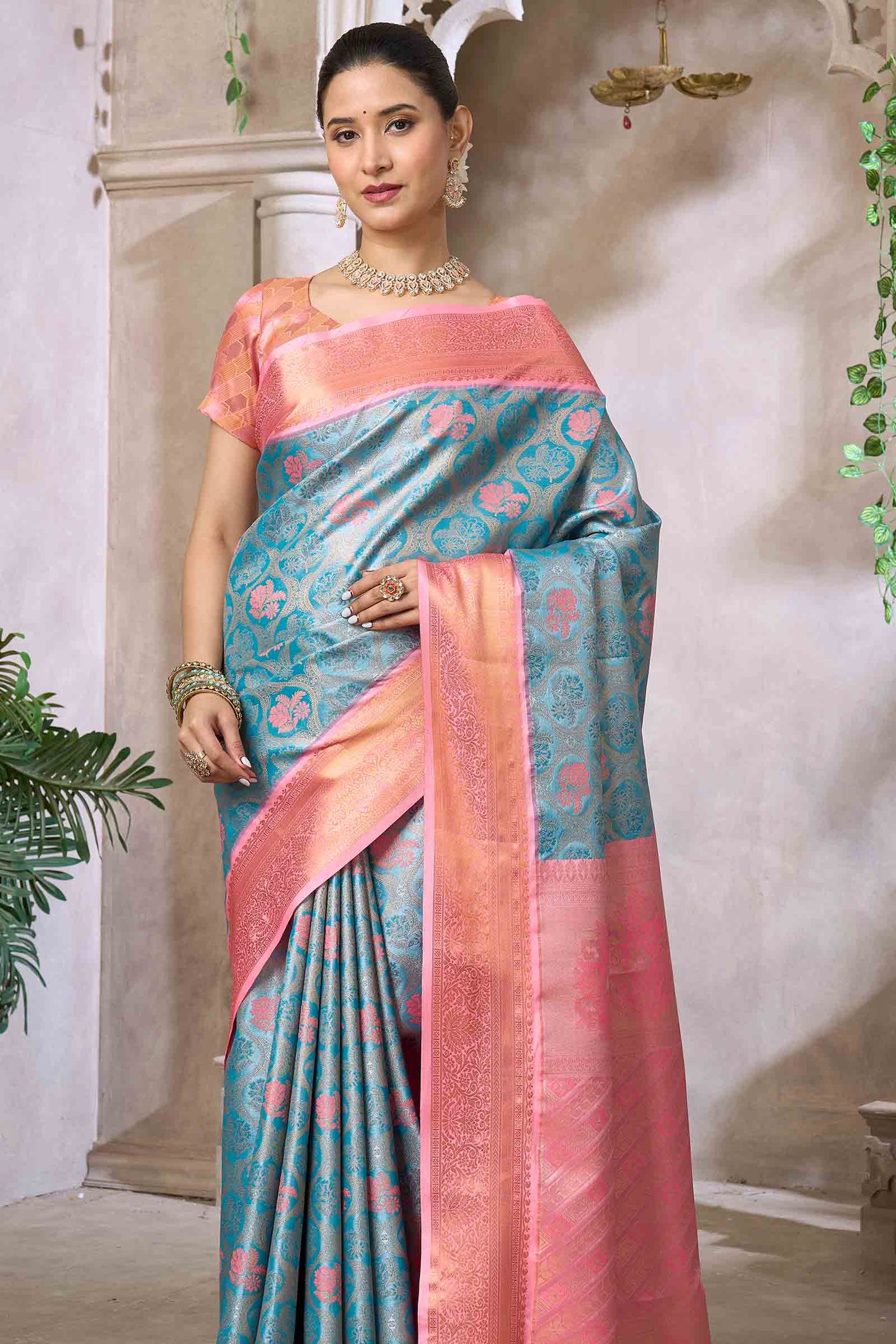 Sky Blue Semi Silk Tissue Floral Vines Contrast Zari Border Pallu Saree