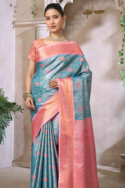 Sky Blue Semi Silk Tissue Floral Vines Contrast Zari Border Pallu Saree