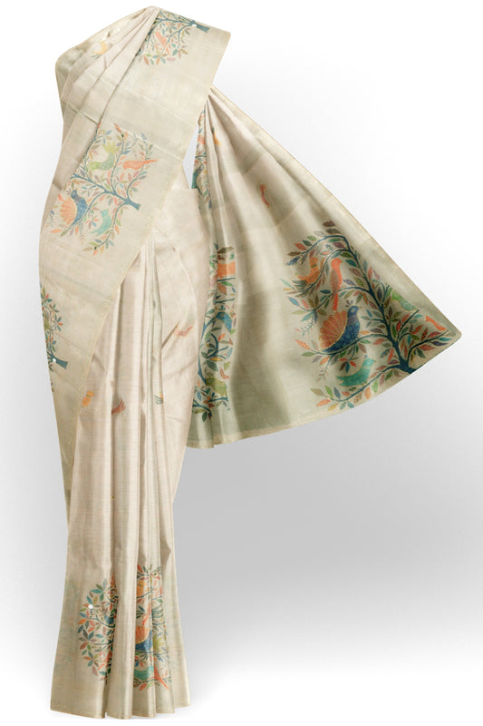 Off White Semi Linen Tree of Life Saree