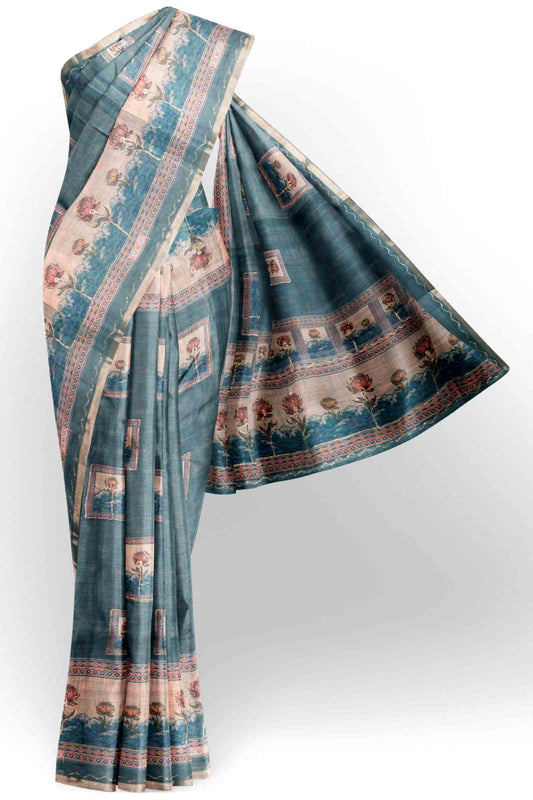 Grey With Blue Shade Semi Linen Lotus Frame Saree