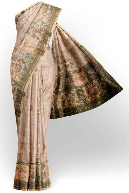 Light Beige Semi Linen Floral Frames Saree