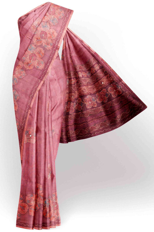 Blush Pink Semi Linen Floral Chains Border Saree