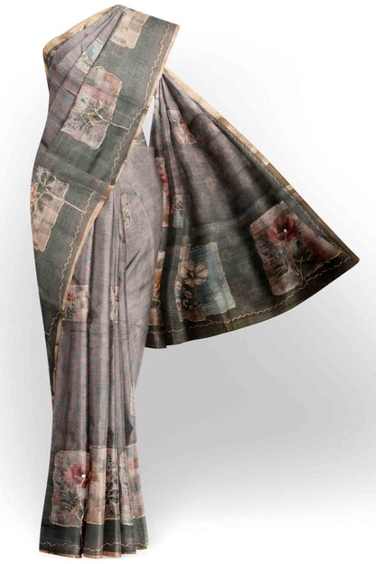 Grey Semi Linen Floral Frames Saree