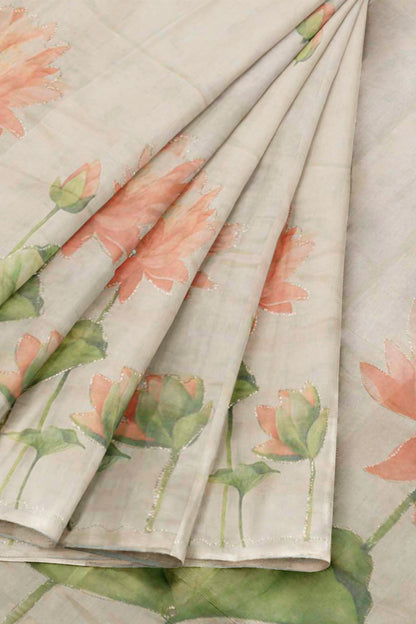 Off White Semi Linen Lily Pond Saree