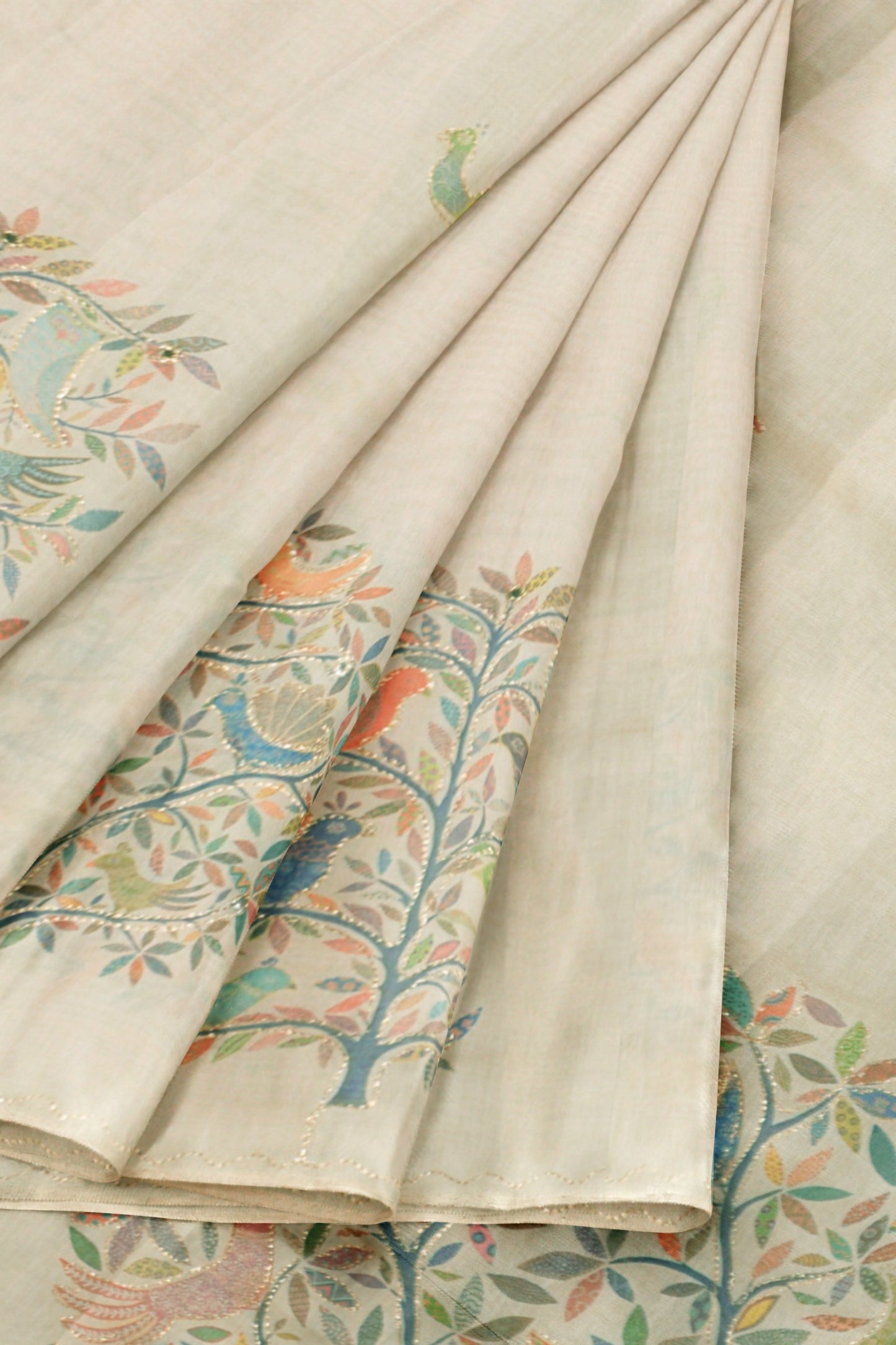 Off White Semi Linen Tree of Life Saree
