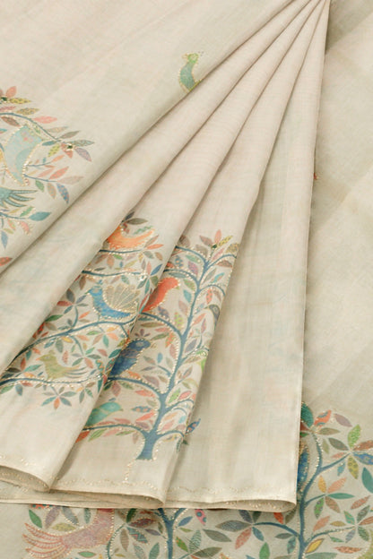 Off White Semi Linen Tree of Life Saree