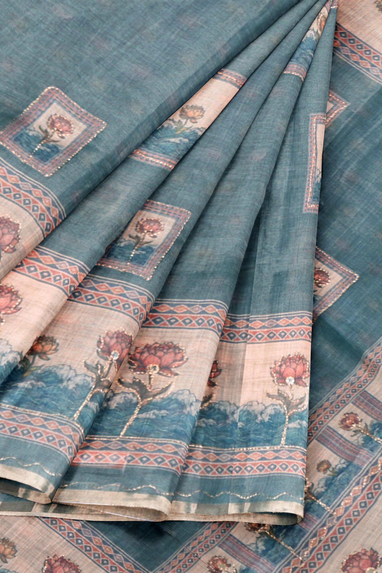 Grey With Blue Shade Semi Linen Lotus Frame Saree