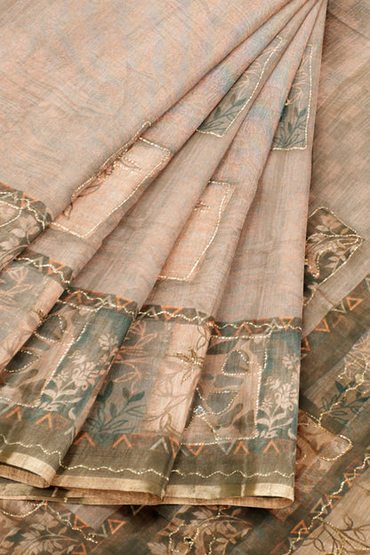 Light Beige Semi Linen Floral Frames Saree