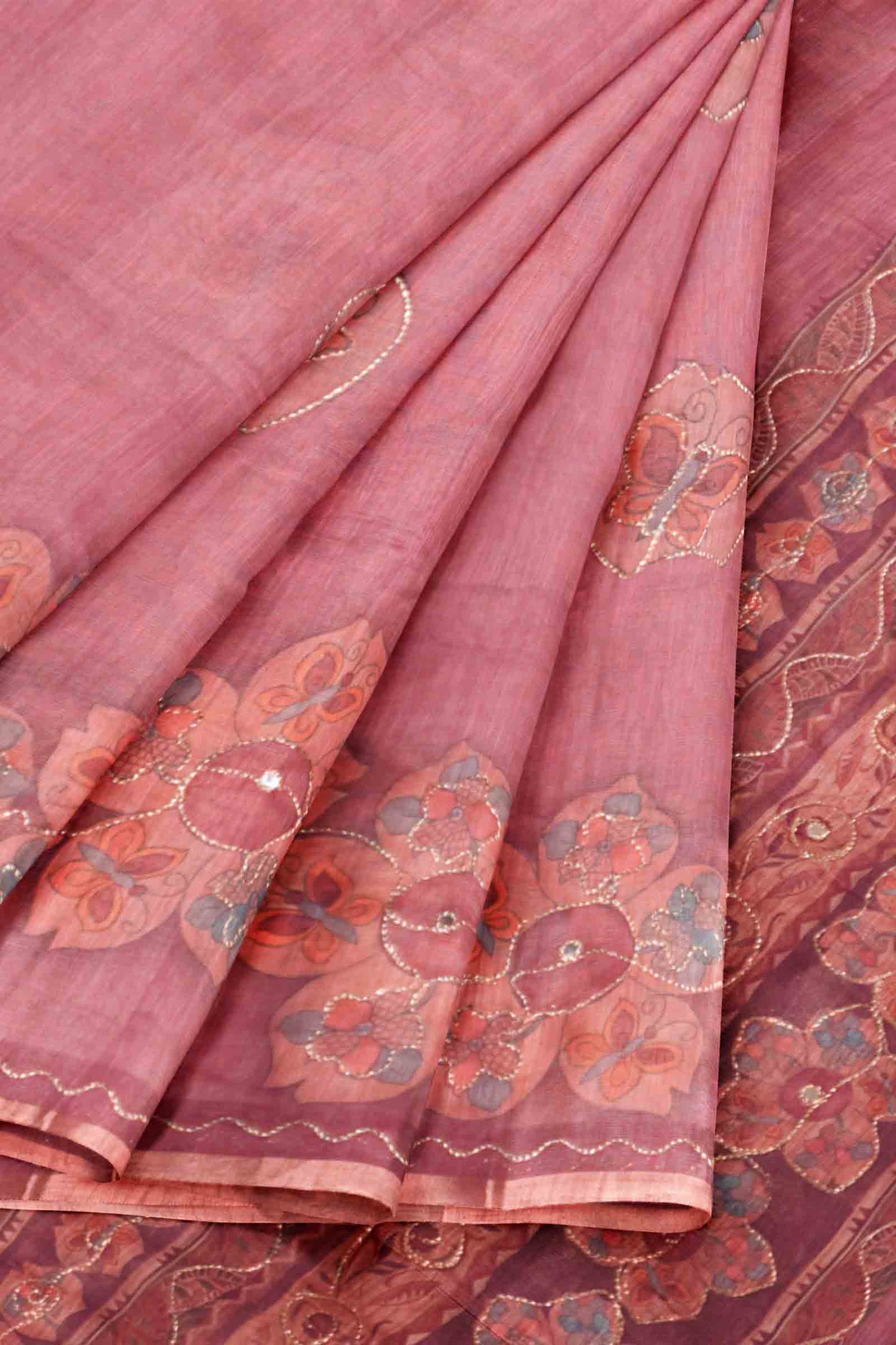 Blush Pink Semi Linen Floral Chains Border Saree