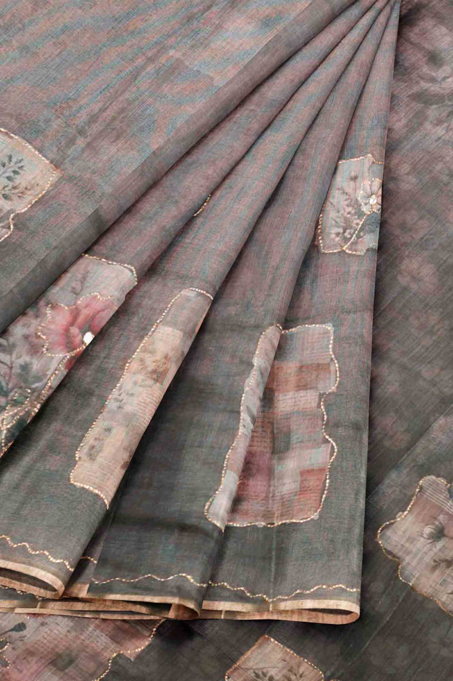 Grey Semi Linen Floral Frames Saree