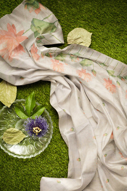 Off White Semi Linen Lily Pond Saree