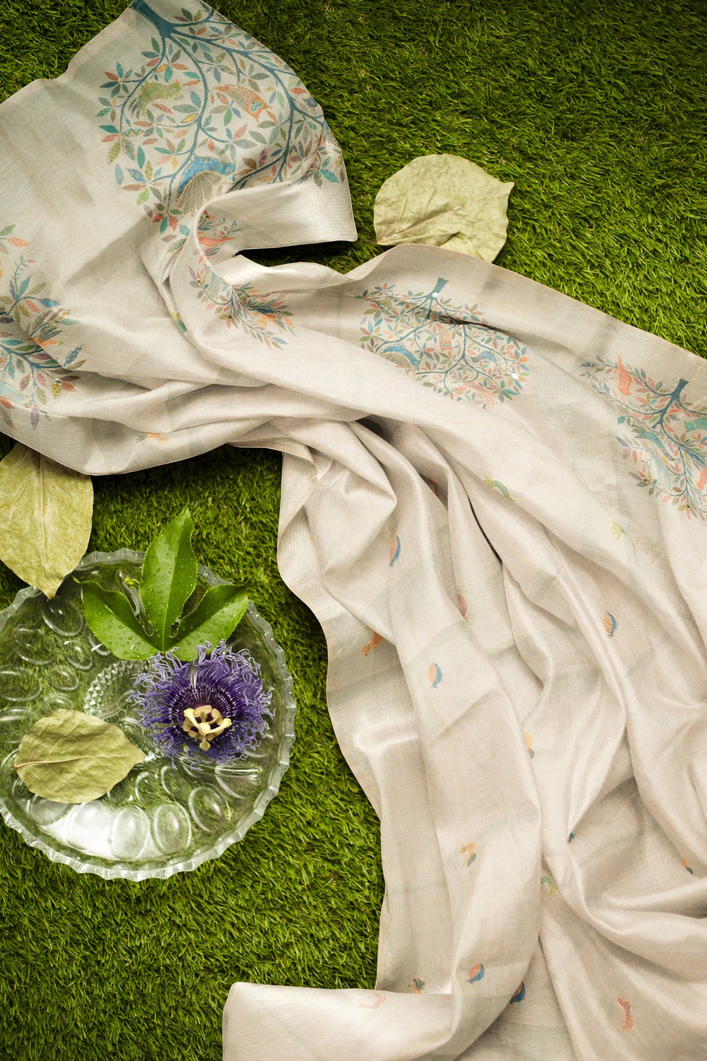 Off White Semi Linen Tree of Life Saree