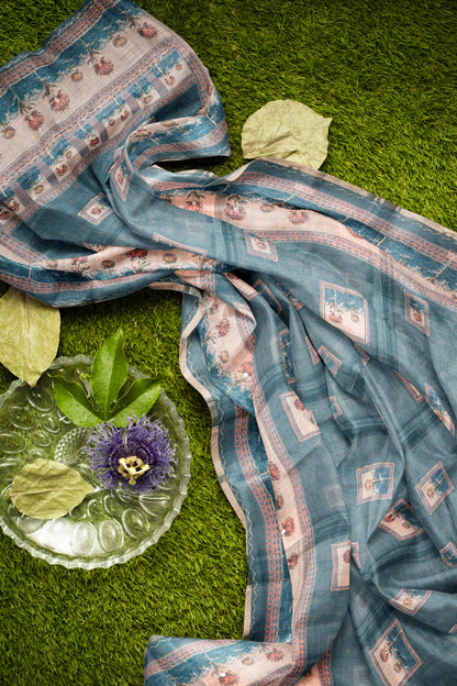 Grey With Blue Shade Semi Linen Lotus Frame Saree