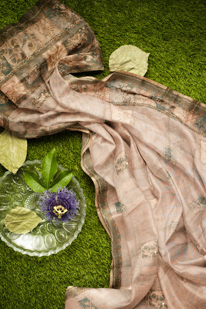 Light Beige Semi Linen Floral Frames Saree