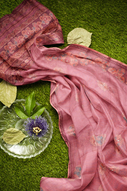Blush Pink Semi Linen Floral Chains Border Saree