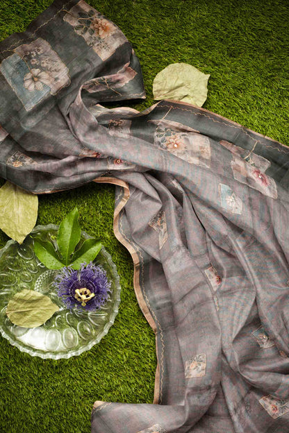 Grey Semi Linen Floral Frames Saree