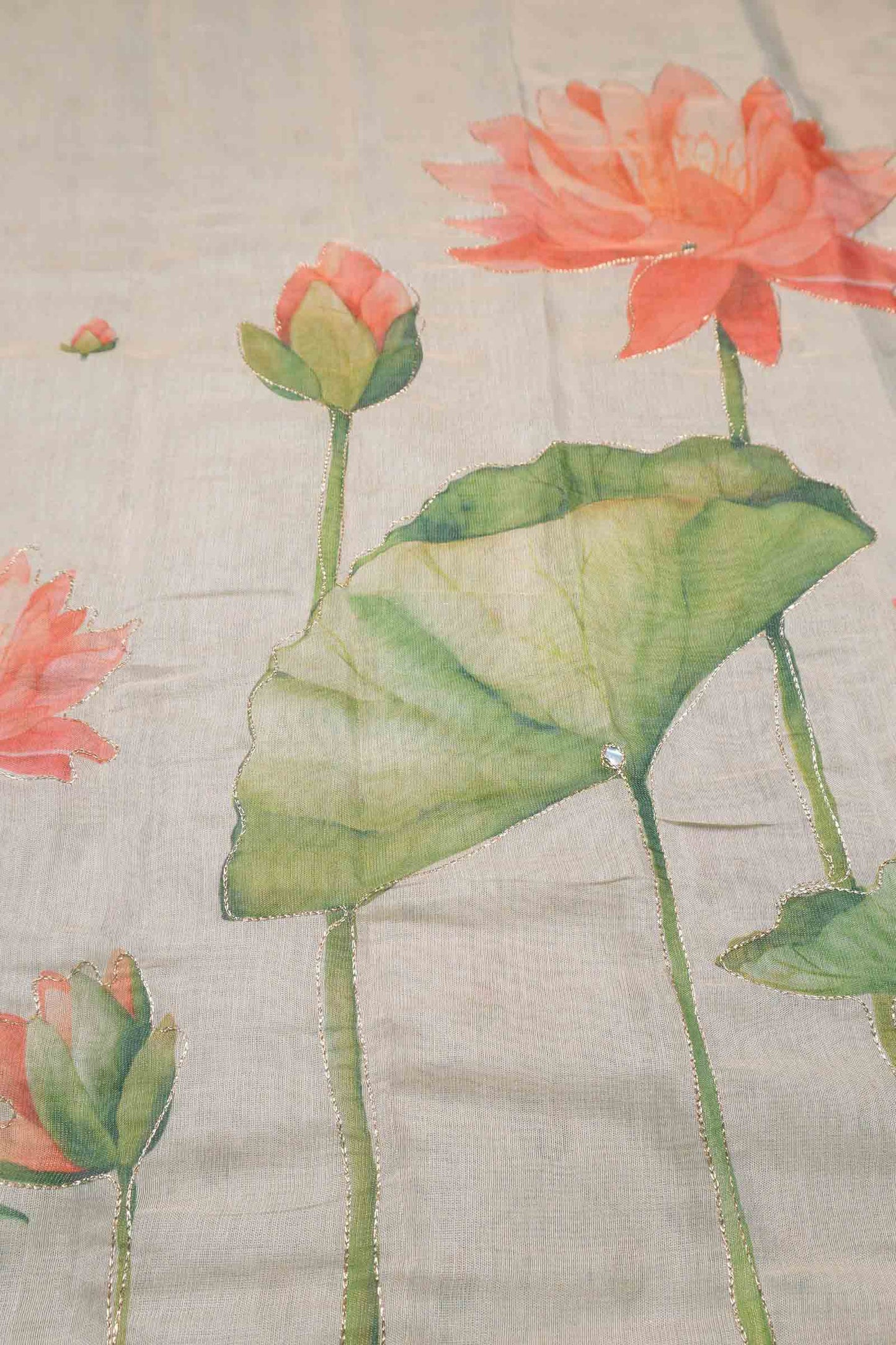 Off White Semi Linen Lily Pond Saree
