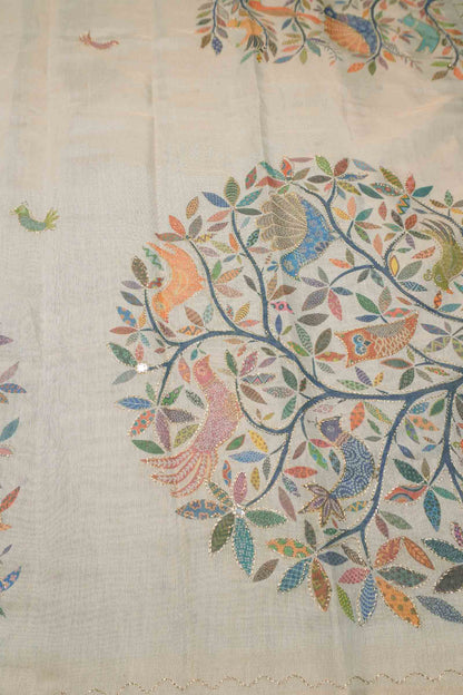 Off White Semi Linen Tree of Life Saree