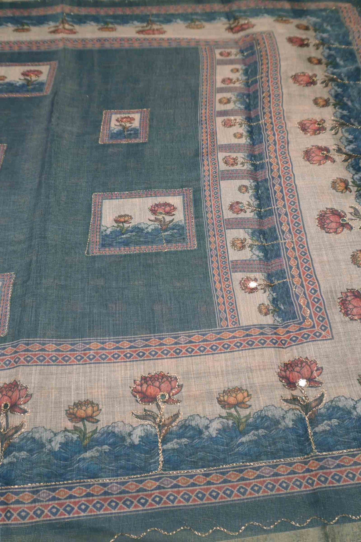 Grey With Blue Shade Semi Linen Lotus Frame Saree