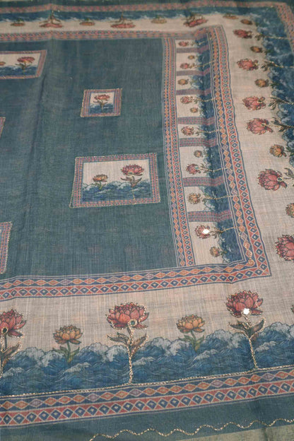 Grey With Blue Shade Semi Linen Lotus Frame Saree