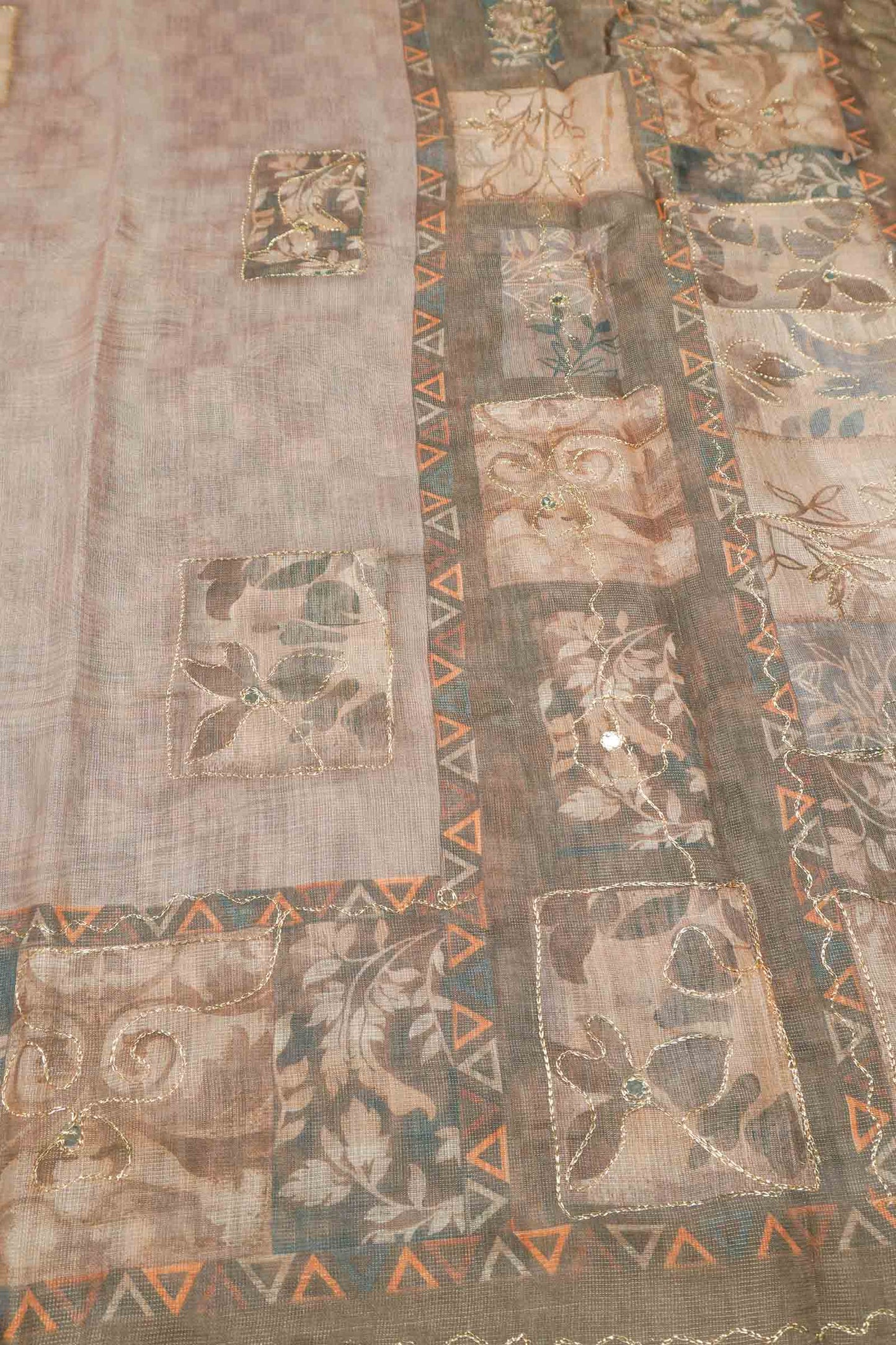 Light Beige Semi Linen Floral Frames Saree