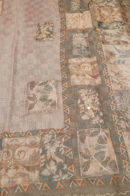 Light Beige Semi Linen Floral Frames Saree