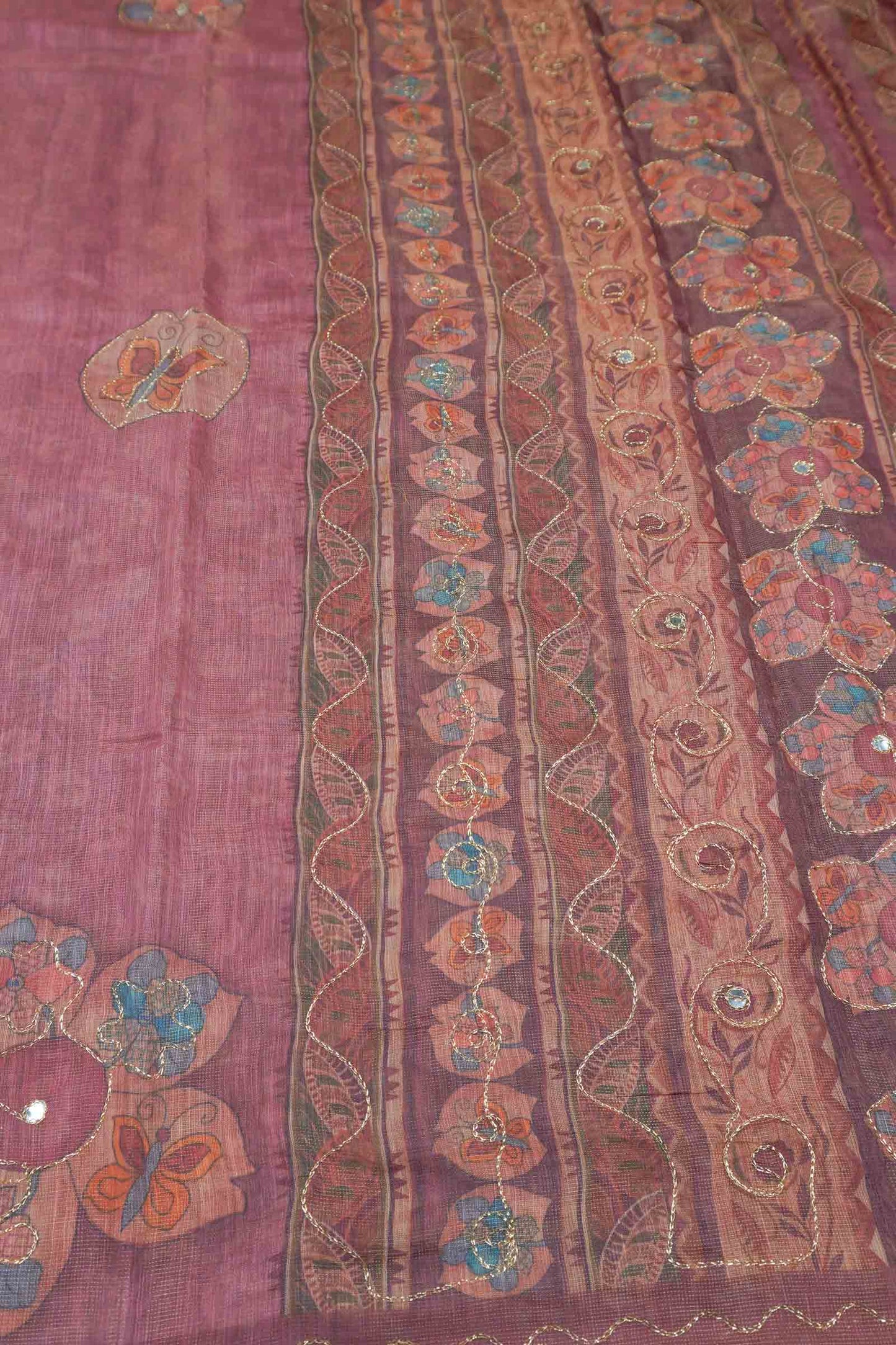 Blush Pink Semi Linen Floral Chains Border Saree