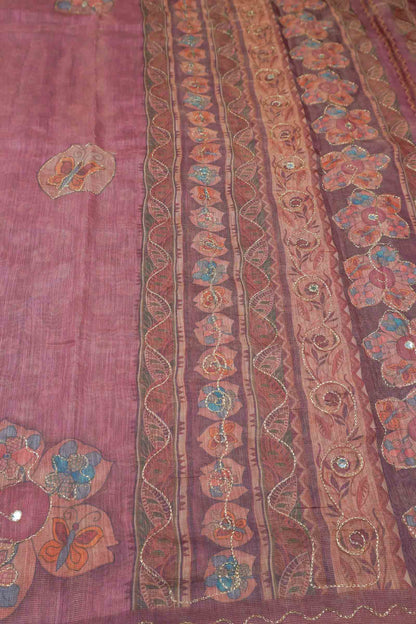 Blush Pink Semi Linen Floral Chains Border Saree