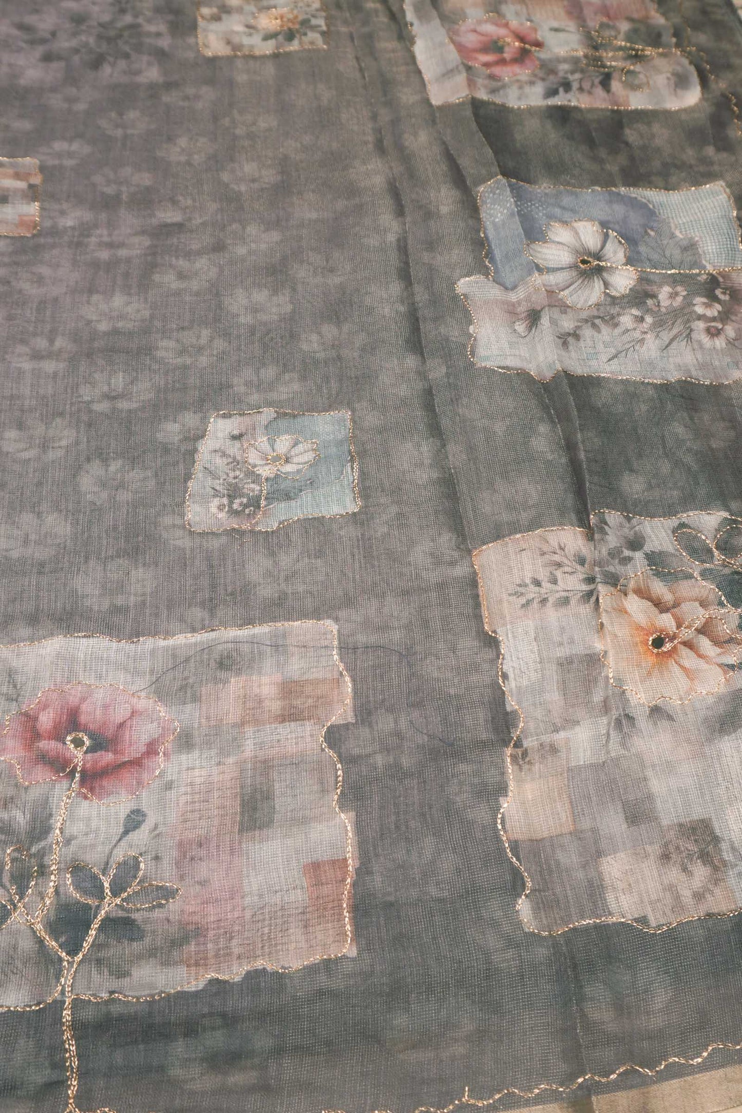 Grey Semi Linen Floral Frames Saree