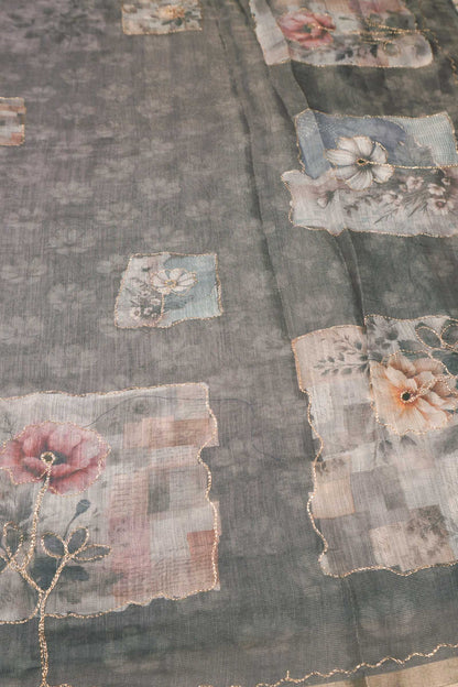Grey Semi Linen Floral Frames Saree