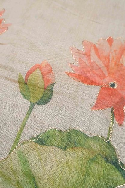 Off White Semi Linen Lily Pond Saree