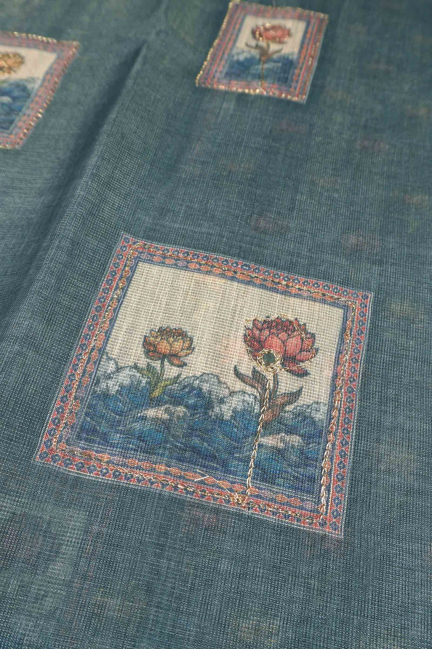 Grey With Blue Shade Semi Linen Lotus Frame Saree