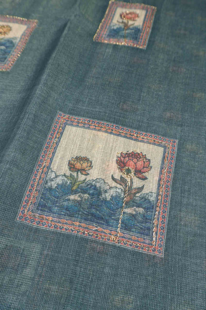 Grey With Blue Shade Semi Linen Lotus Frame Saree