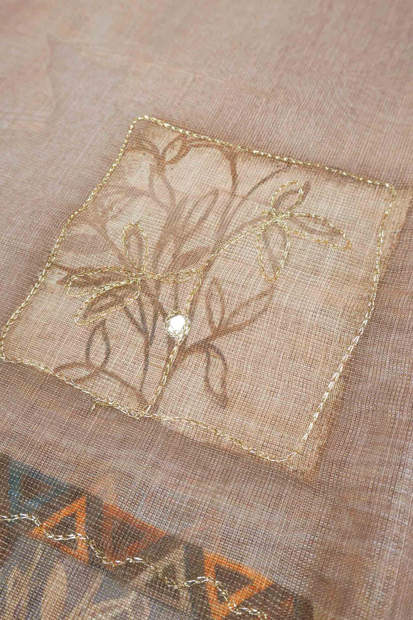 Light Beige Semi Linen Floral Frames Saree