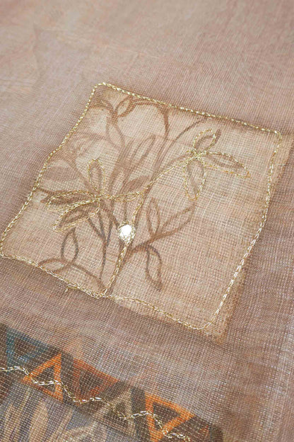 Light Beige Semi Linen Floral Frames Saree