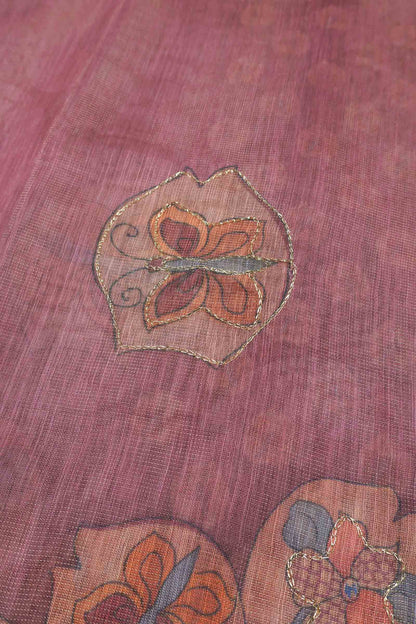 Blush Pink Semi Linen Floral Chains Border Saree