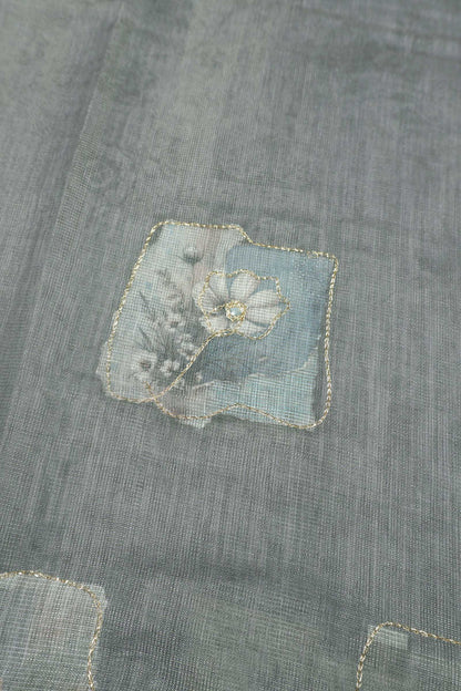 Grey Semi Linen Floral Frames Saree