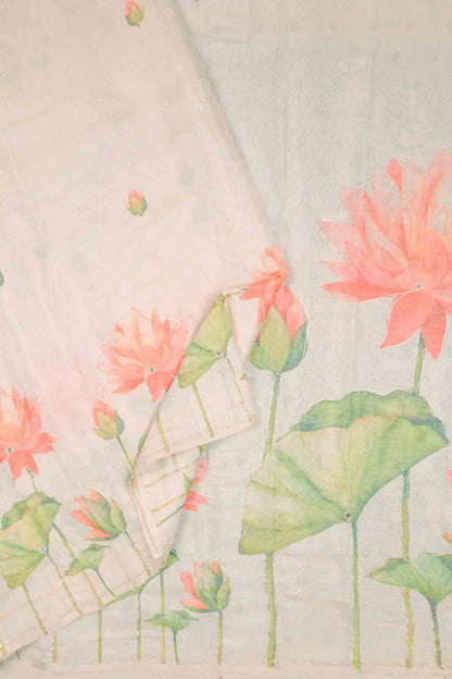 Off White Semi Linen Lily Pond Saree