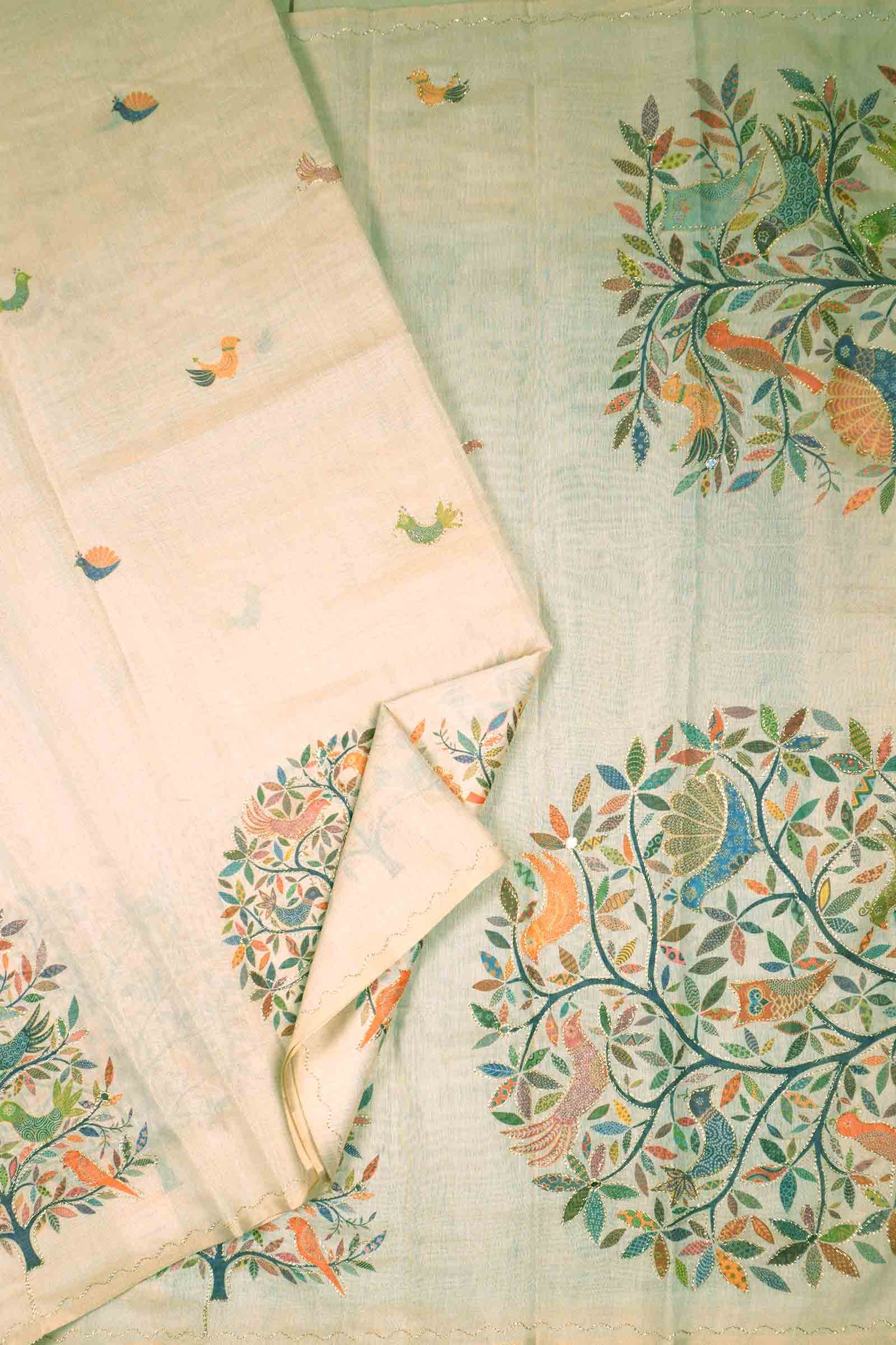 Off White Semi Linen Tree of Life Saree