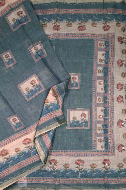 Grey With Blue Shade Semi Linen Lotus Frame Saree
