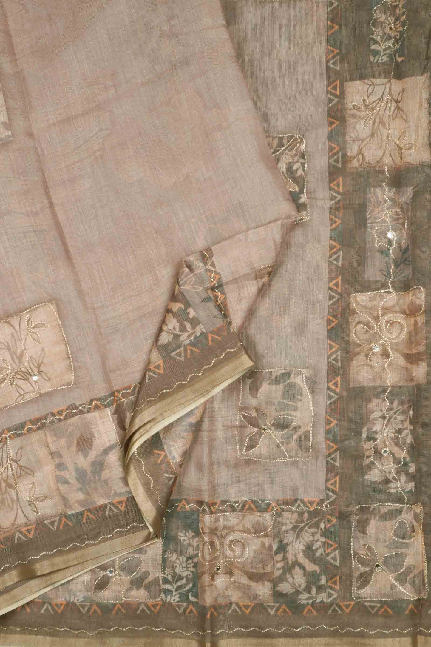 Light Beige Semi Linen Floral Frames Saree