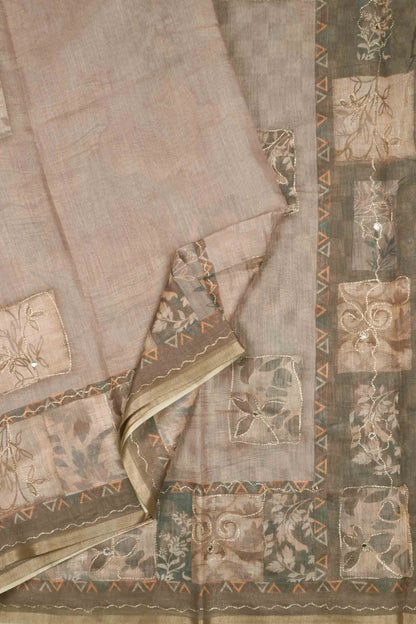 Light Beige Semi Linen Floral Frames Saree