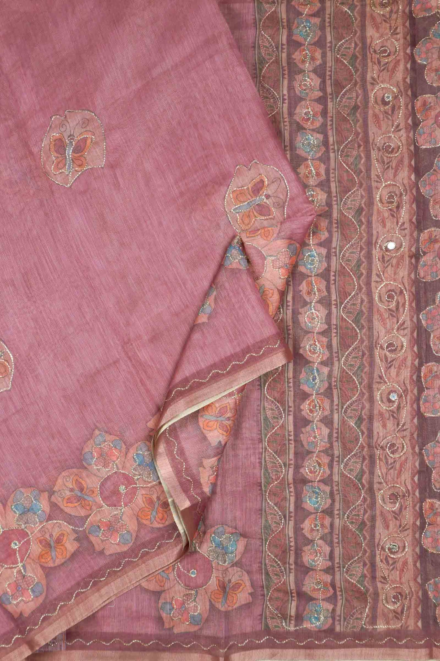 Blush Pink Semi Linen Floral Chains Border Saree
