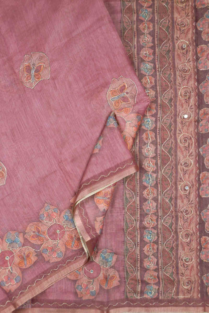 Blush Pink Semi Linen Floral Chains Border Saree