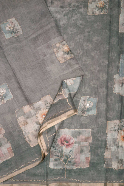 Grey Semi Linen Floral Frames Saree