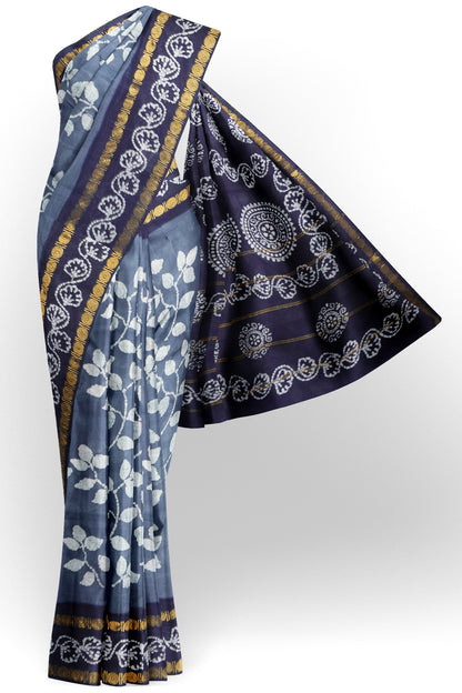 Grey Pure Sungudi Cotton Leaf Print Contrast Border Saree