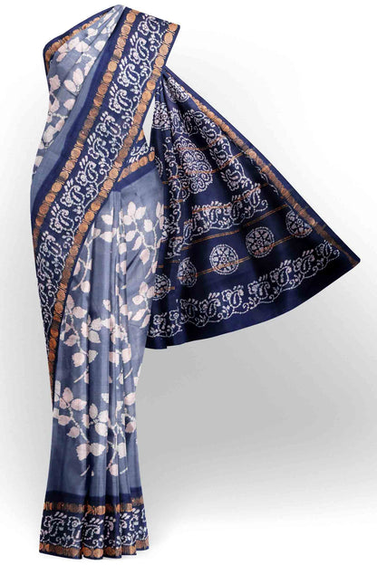 Denim Grey Pure Sungudi Cotton Leaf Print Saree