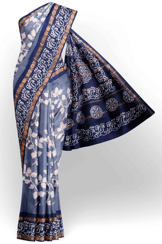 Denim Grey Pure Sungudi Cotton Leaf Print Saree