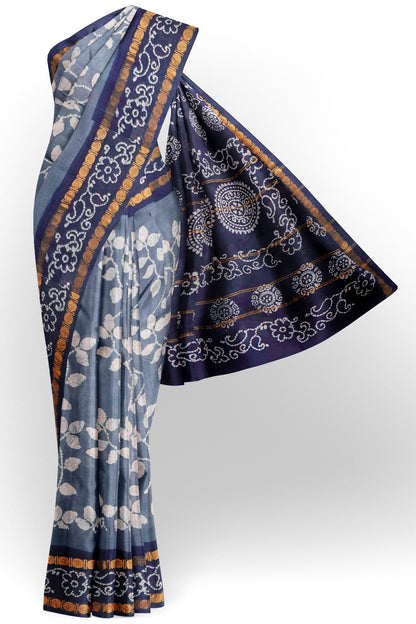 Denim Grey Pure Sungudi Cotton Summer Leaves Print Saree